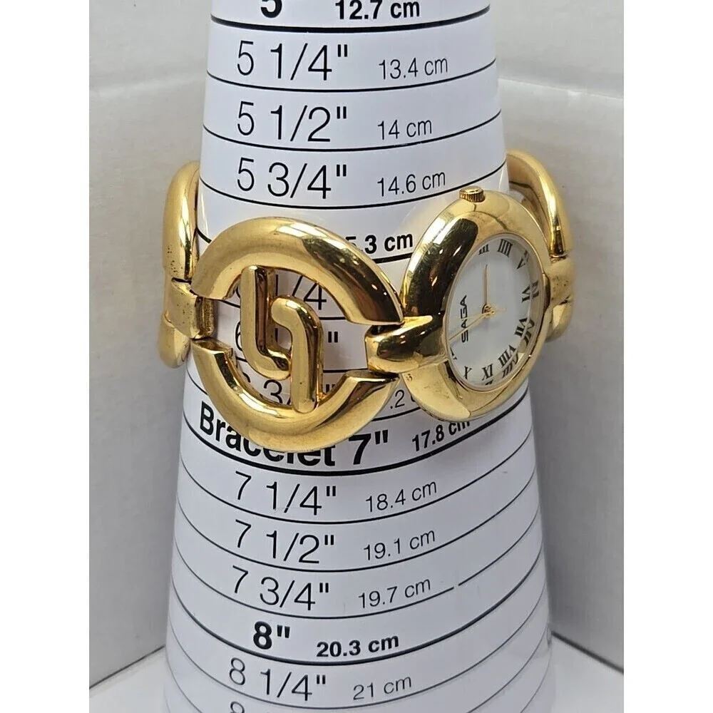 Saga by Mathey Tissot Womens Gold Tone Chunky Bracelet Watch Roman New Battery